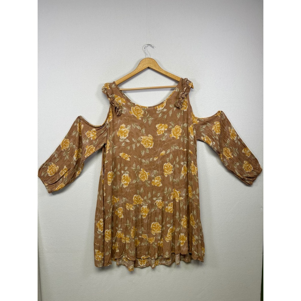 Boho Cottagecore Oddi Womens 3XL Brown Yellow Floral Cold Shoulder Tunic Dress